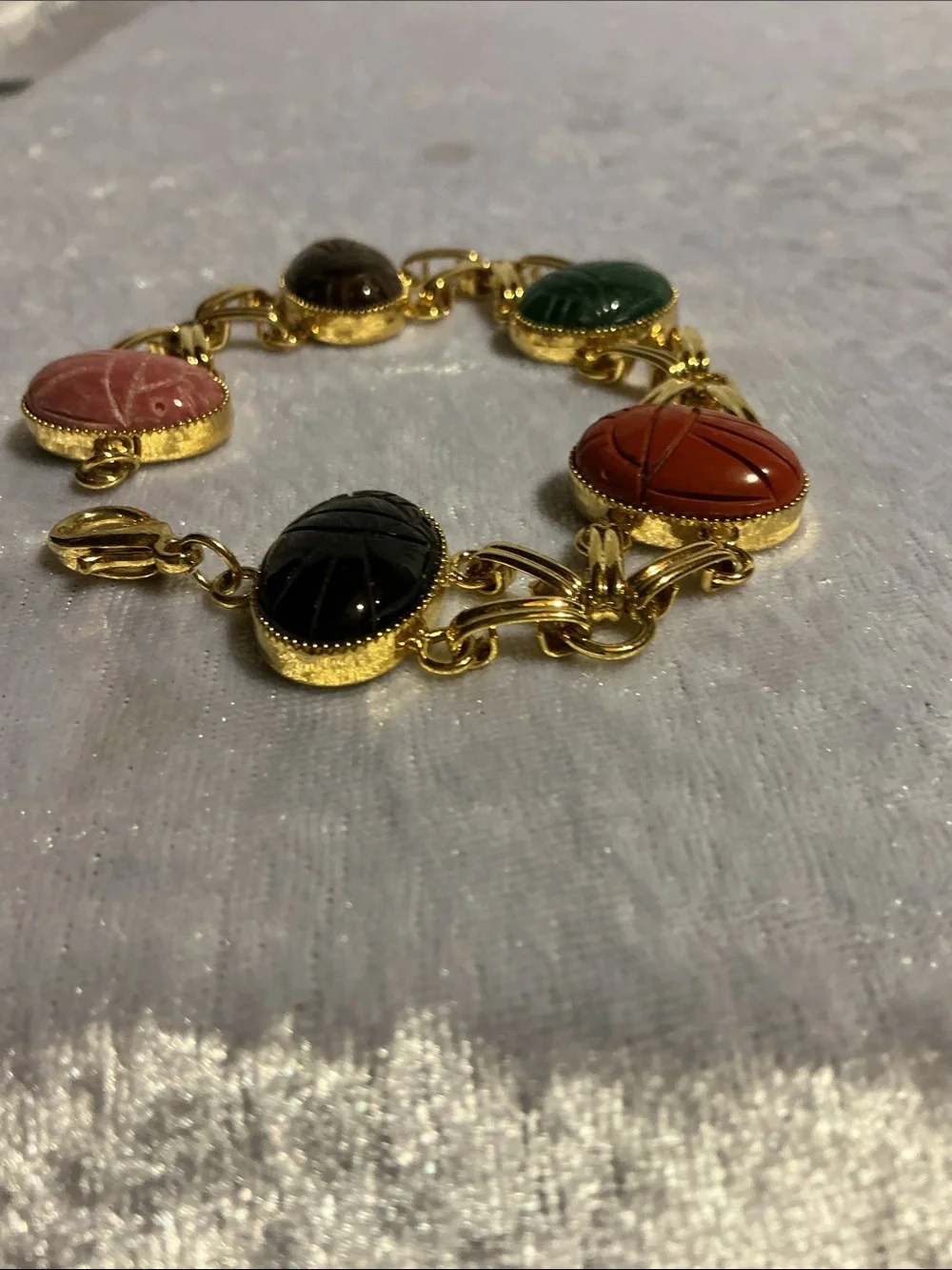 Gold Link Bracelet with Multicolor Scarab Cabochons